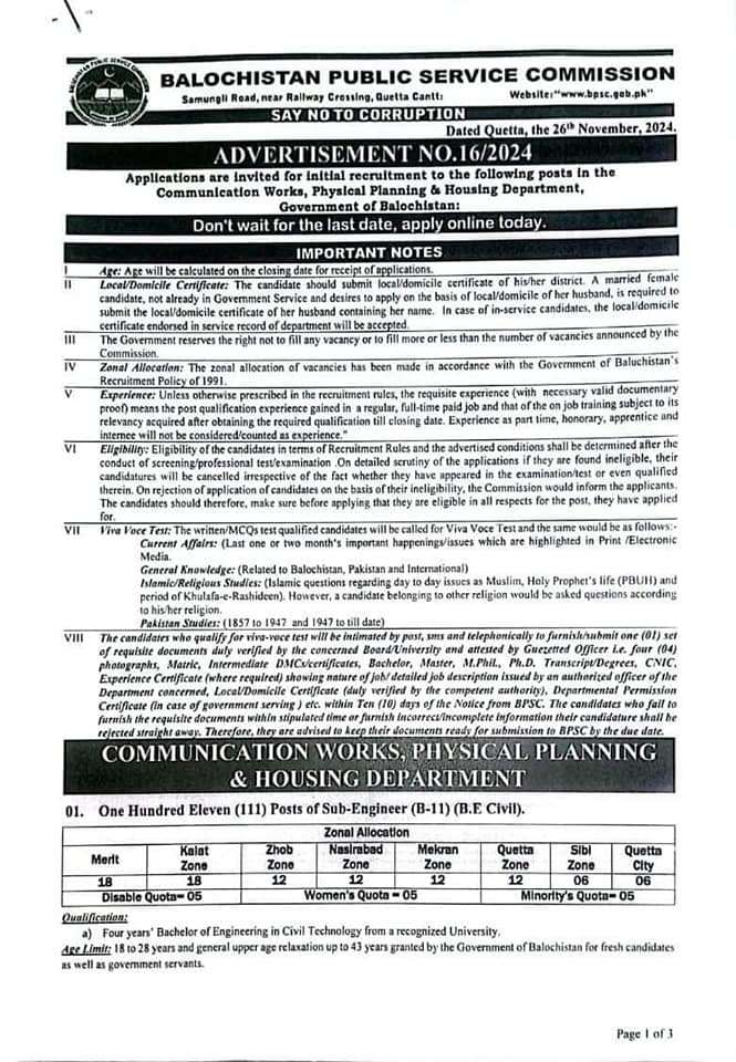 BPSC Vacancies Ad No. 16 of 2024