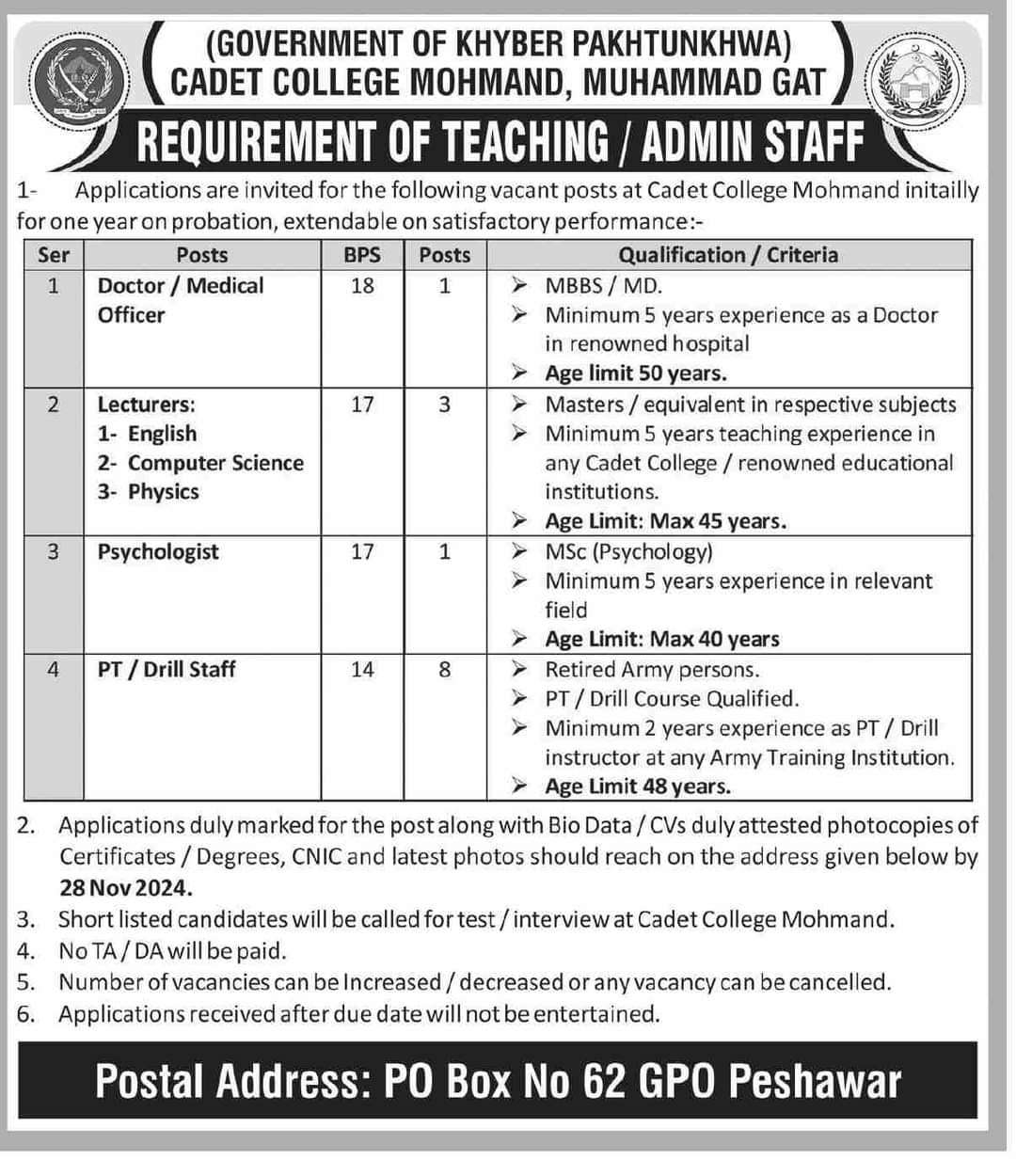 Latest Cadet College Mohmand GAT Vacancies 2024