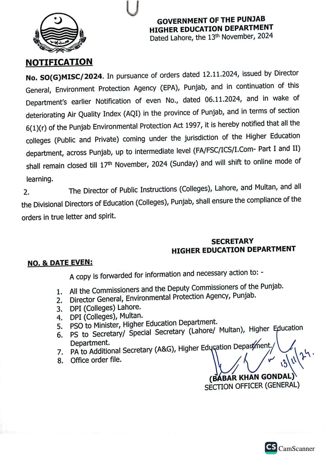 Closing Colleges in Punjab due to Smog 