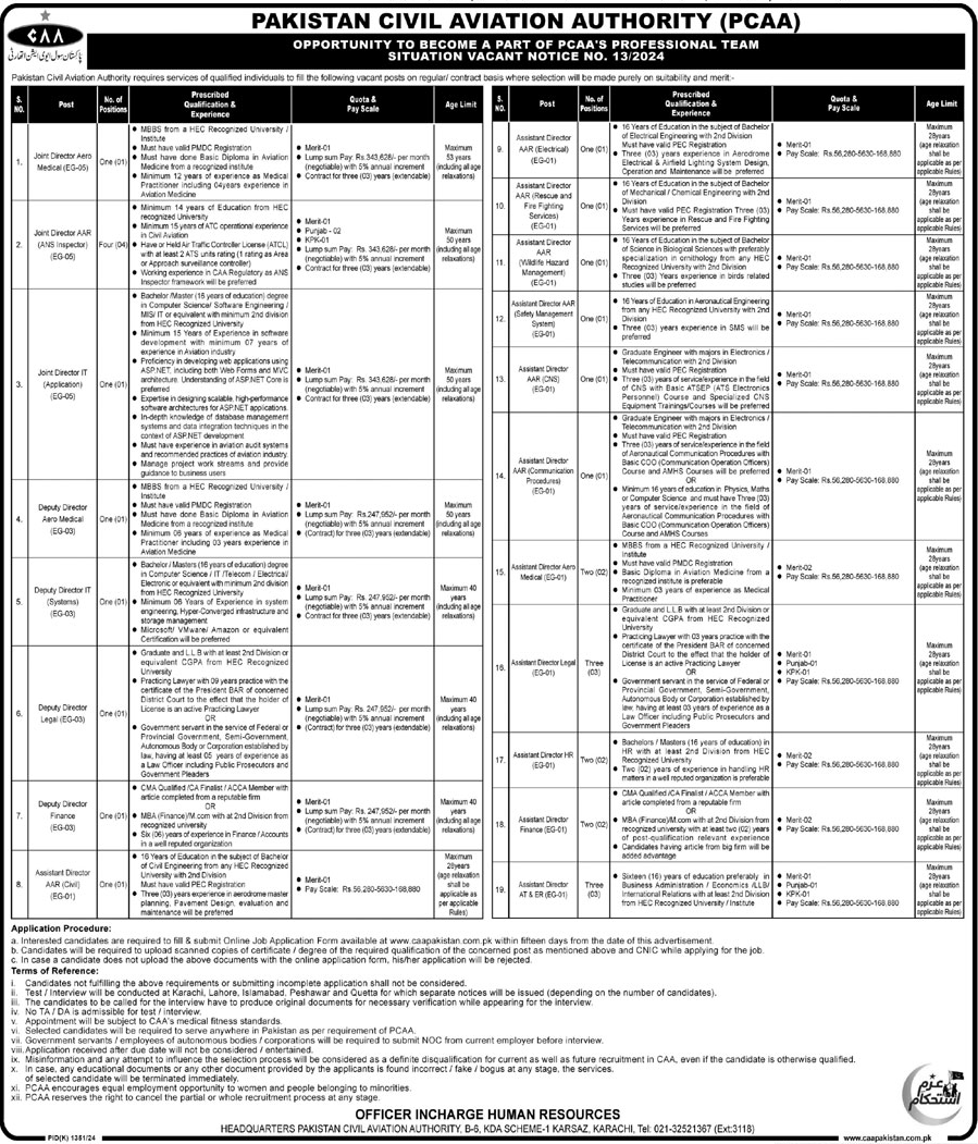 EG-01 to EG-05 PCAA Vacancies 2024