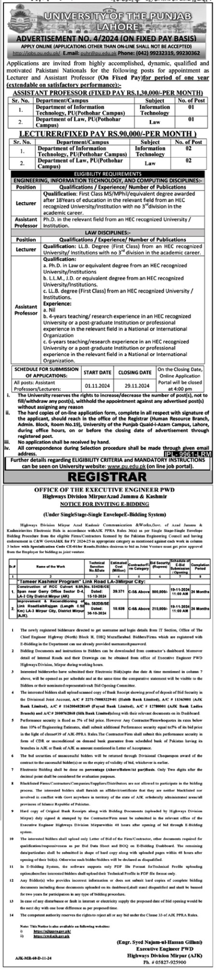 Fixed Salary Basis Vacancies in Punjab University Lahore 2024