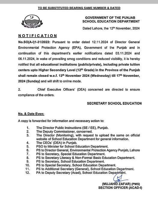 Holidays in All Punjab Govt Schools and Colleges (Inter) wef 13-11-2024