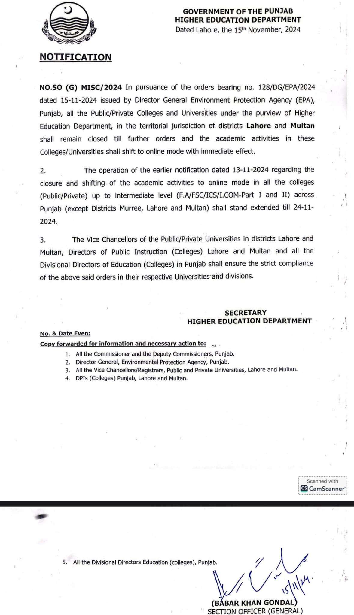 Notification Closing Holidays in Universities and Colleges by HED in Lahore Multan till 24 Nov 2024