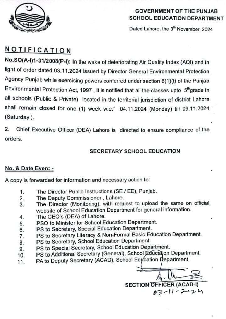 Notification Closing of Govt and Private Schools for One week upto Class 5th in Lahore