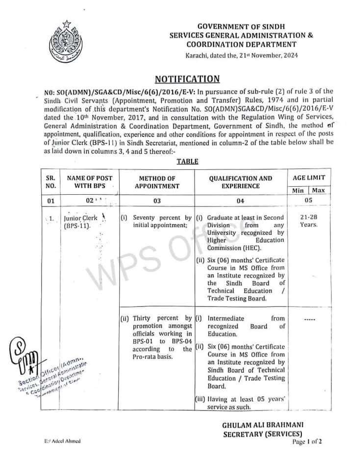 Notification Revised Recruitment Rules 2024 for the Post of Junior Clerk (BPS-11) Sindh S&GAD