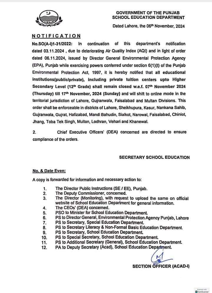 Notification of Holidays in Punjab Govt and Private Schools Colleges wef 7th Nov 2024 (4 Divisions)