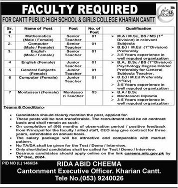 Teaching Vacancies CPHS & GC Kharian 2024