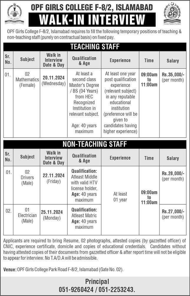 Teaching and NTS Vacancies in OPF Islamabad 2024