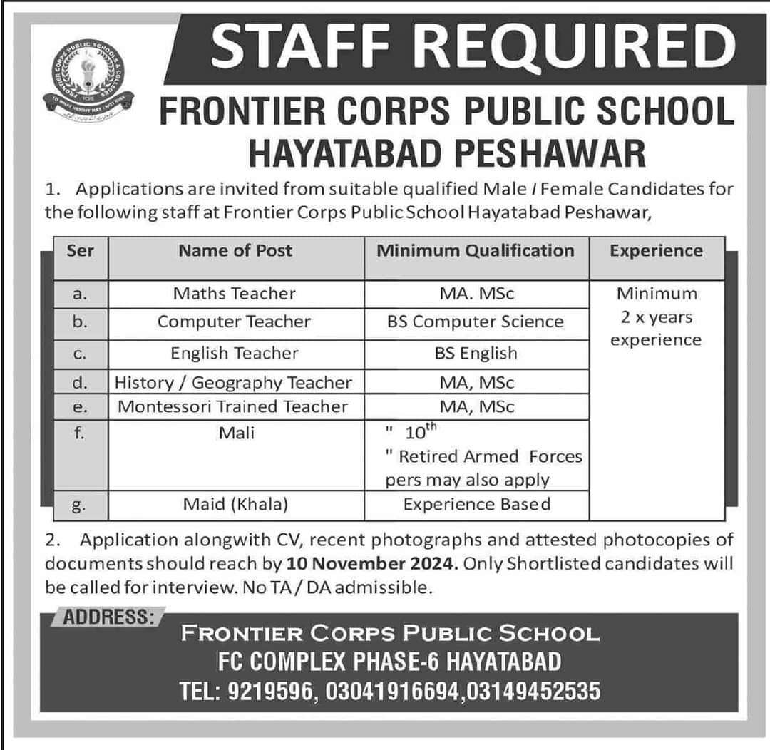 Teaching and Non-Teaching Vacancies at FC Public School Hayatabad Peshawar