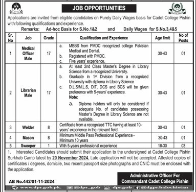 Vacancies on Daily Wages in CC Pishin 2024