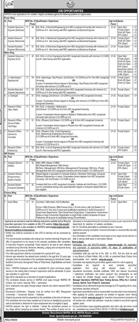 WAPDA Vacancies through OTS 2024