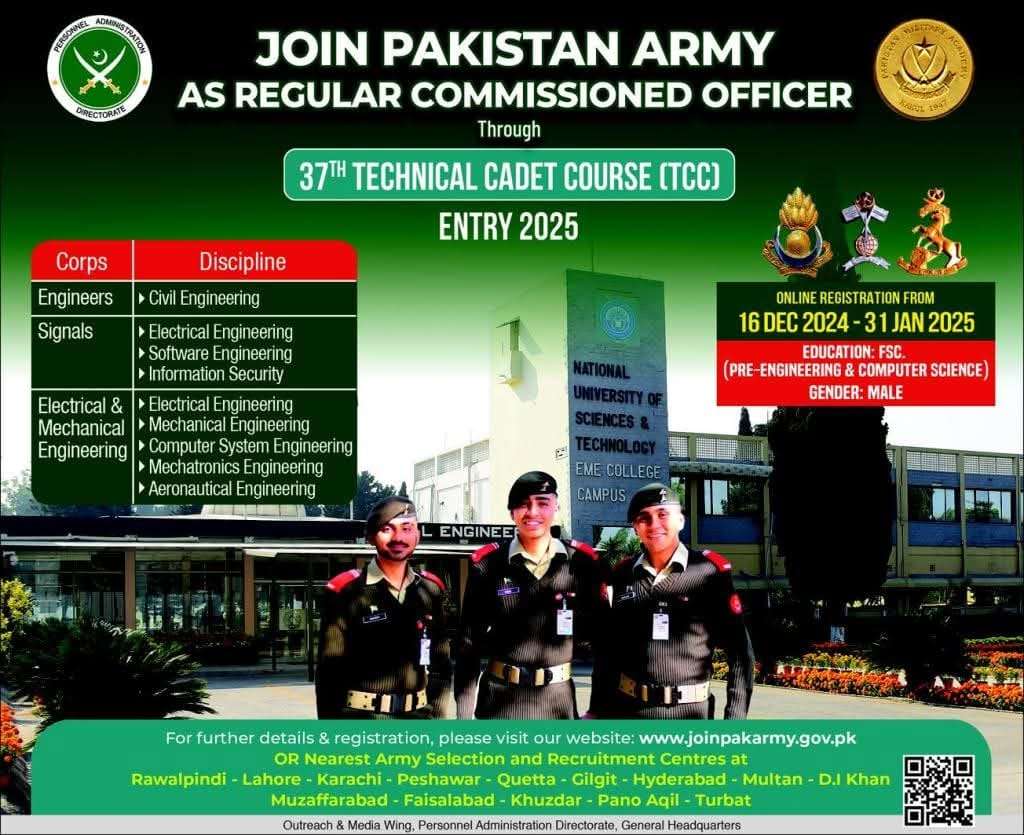 Apply Online Join Pak Army (Regular Commissioned Officer) through 37th TCC