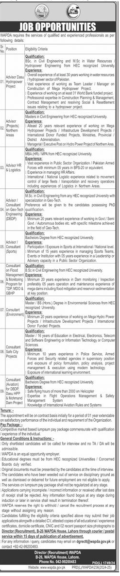 Contractual Vacancies in WAPDA Dec 2024