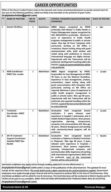 Donor Funded Project Jobs Dec 2024 in Balochistan