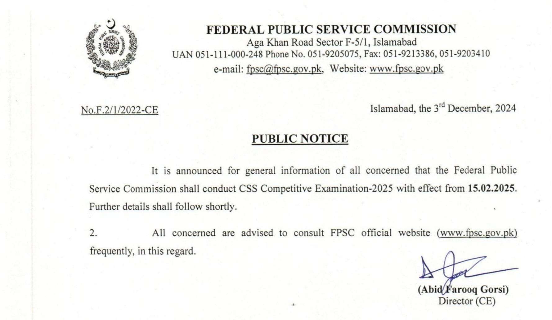 FPSC CSS Competitive Exams 2025 Schedule