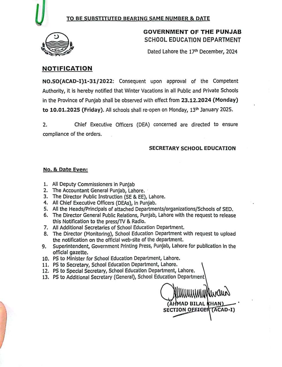 Winter Holidays SED Punjab Revised Notification 