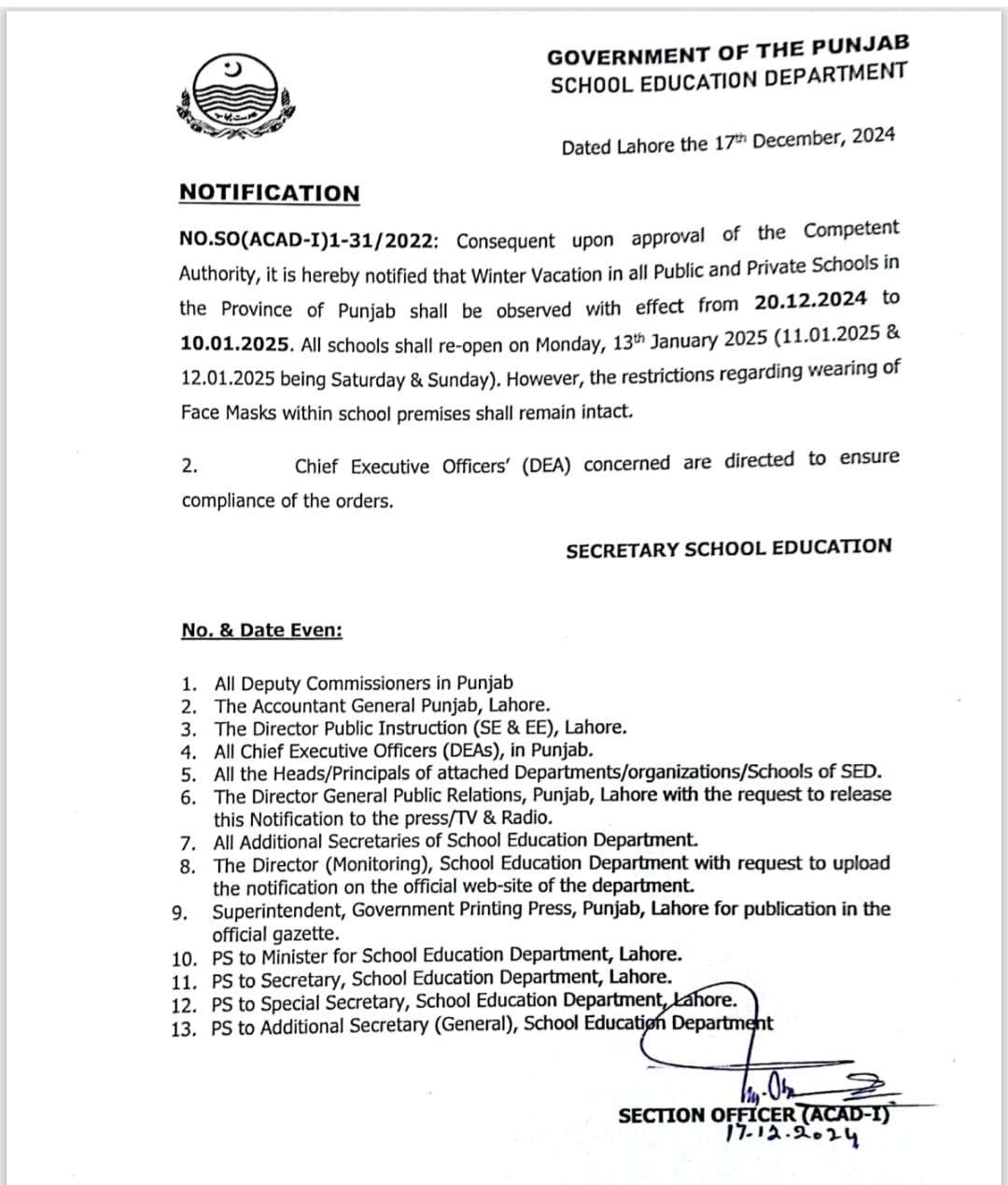 Notification Winter Vacation Punjab 2024 (Educational Institutions)