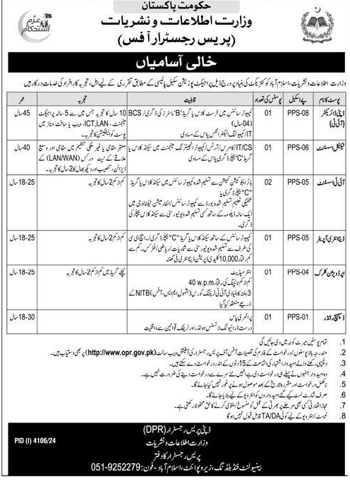 PPS-01 to PPS-08 Contractual Vacancies 2024 in Ministry of Information and Broadcasting