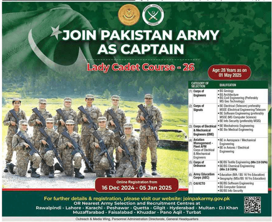 Join Pakistan Army as Captain (Lady Cadet Course -26)