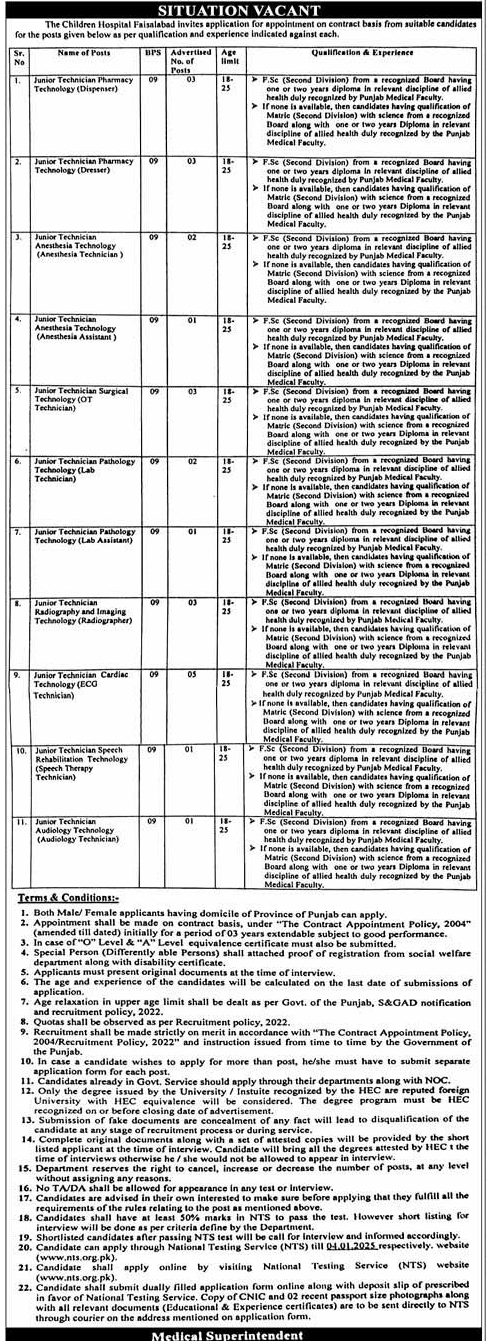 Junior Technicians Vacancies in Children Hospital Faisalabad