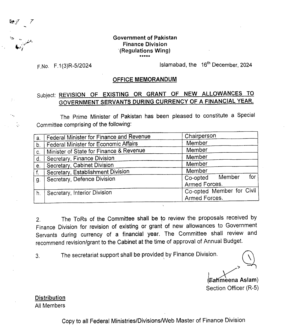 Notification Constitution Committee for Revision or Grant of New Allowance to Govt Employees