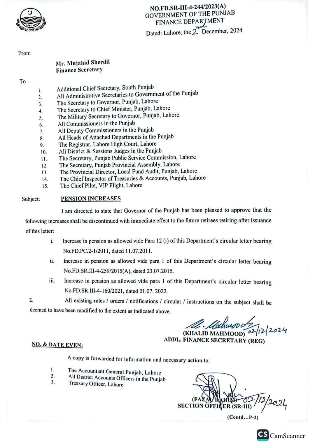 Notification Discontinuing Increases in Pension During Various Years Punjab