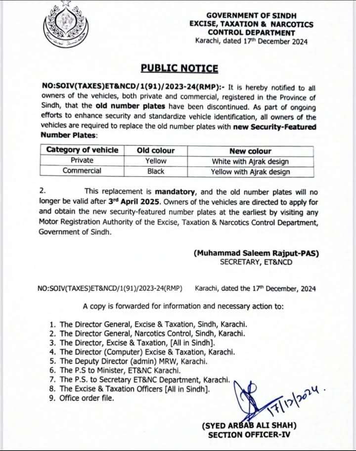 Notification New Security Featured Number Plates and Smart Cards 2025 Sindh