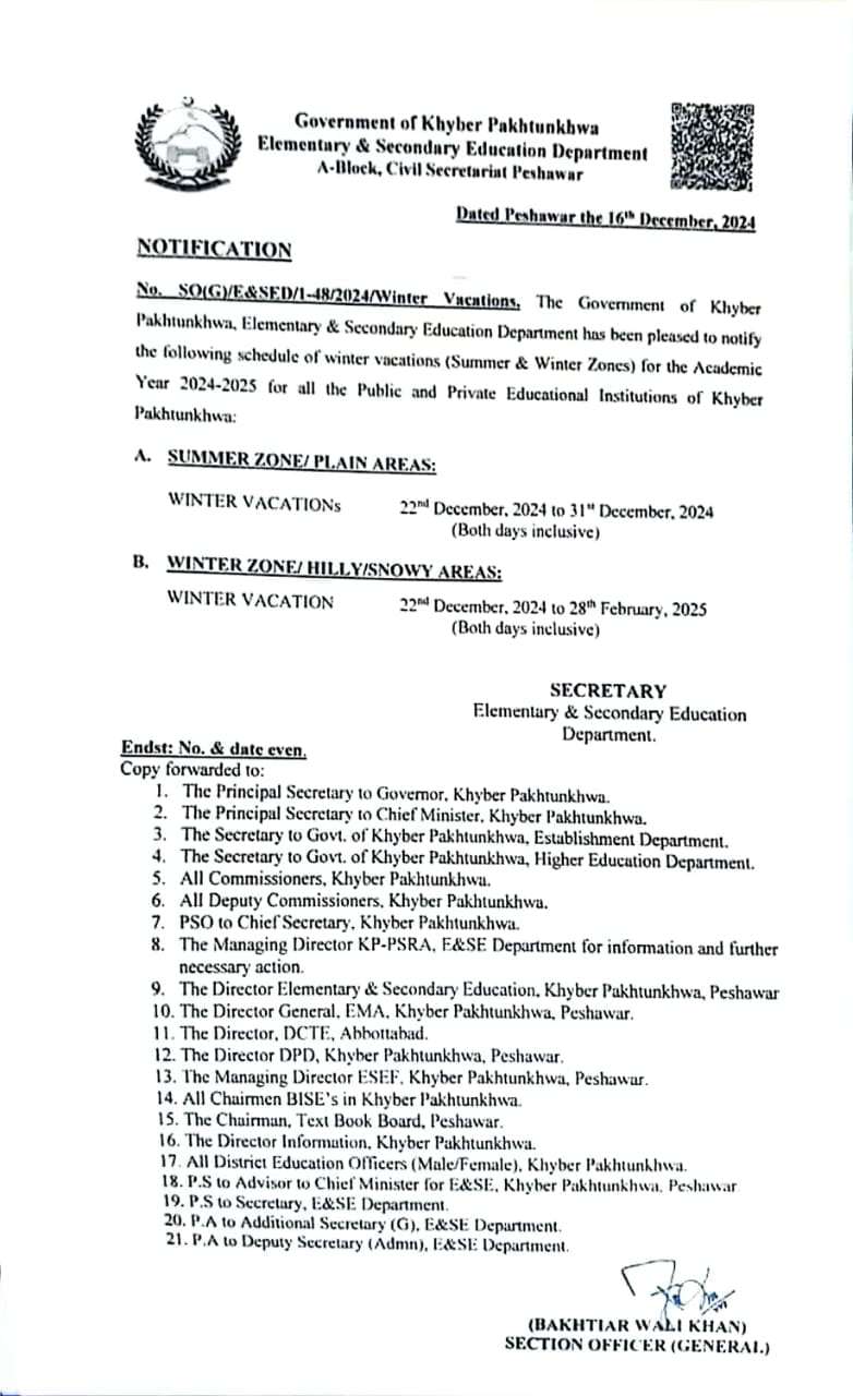 Notification Winter Vacation 2024 for Summer and Winter Zone KP