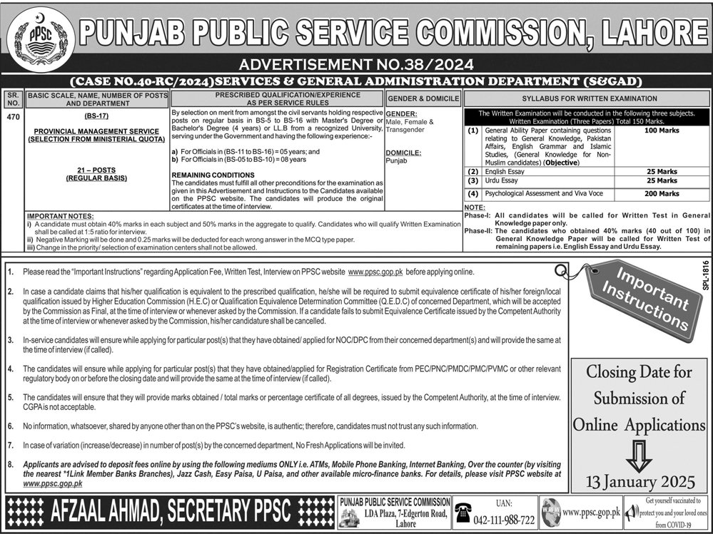 PPSC Vacancies of Provincial Management Service for Ministerial Quota 2024