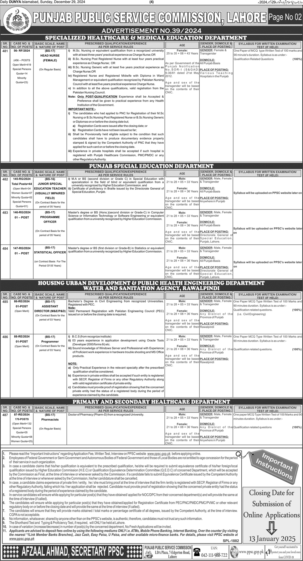 Punjab Public Service Commission Jobs Ad No. 39 for 2024