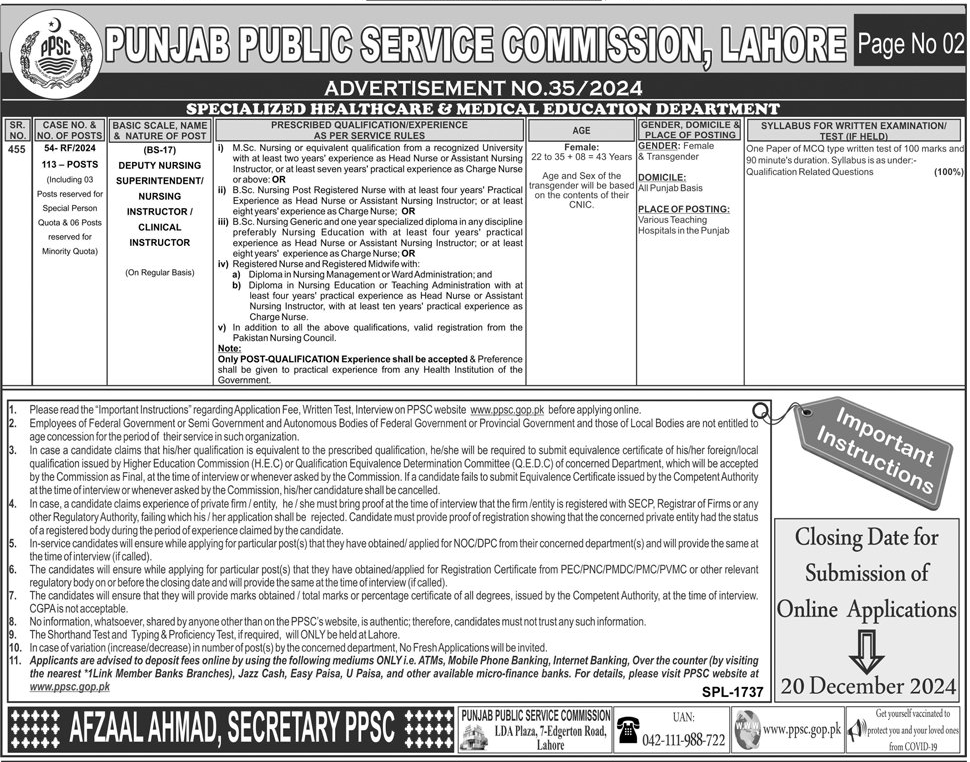 Regular and Contractual PPSC Latest Jobs December 2024