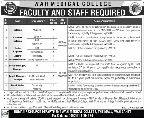 Teaching and NTS Vacancies in WMC 2024