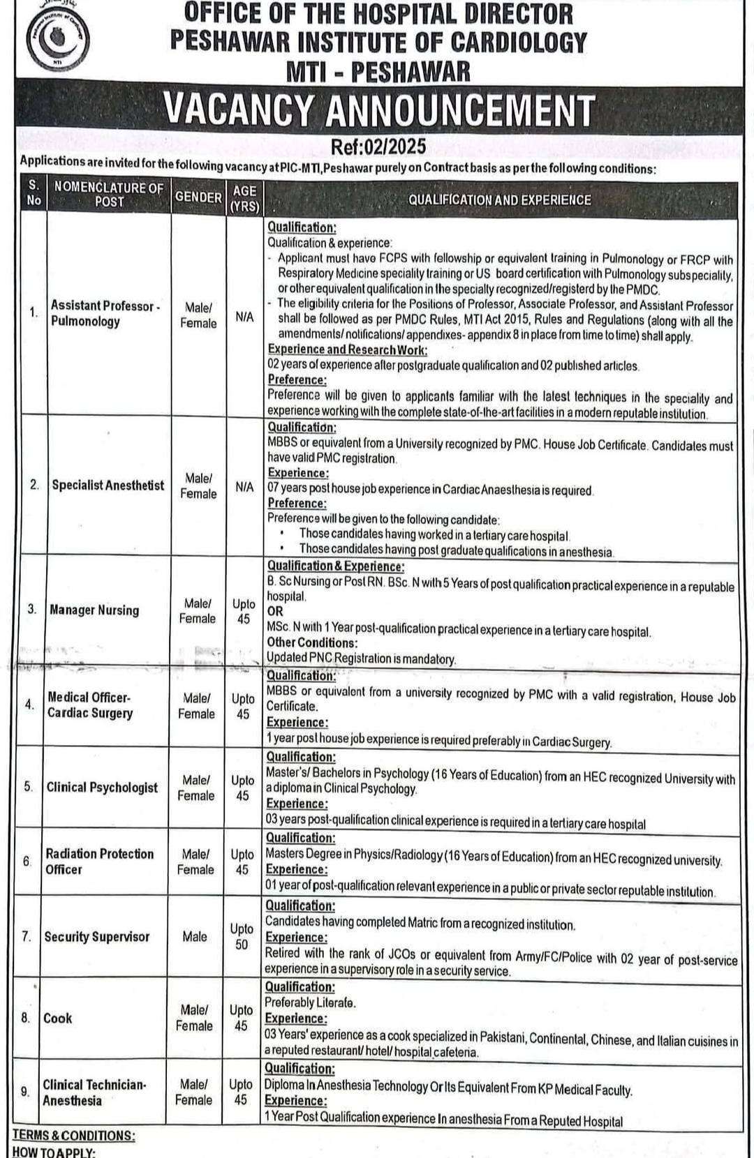 Jobs in Office of the Hospital Director Peshawar Institute of Cardiology MTI- Peshawar 