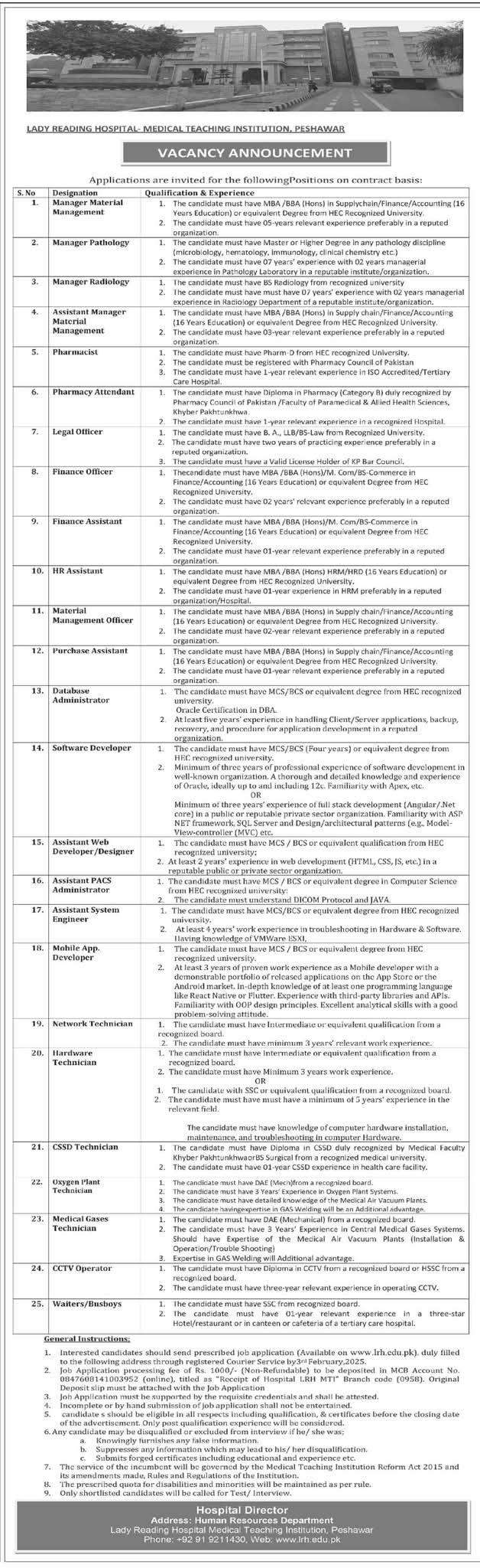 Contractual Vacancies at Lady Reading Hospital Peshawar