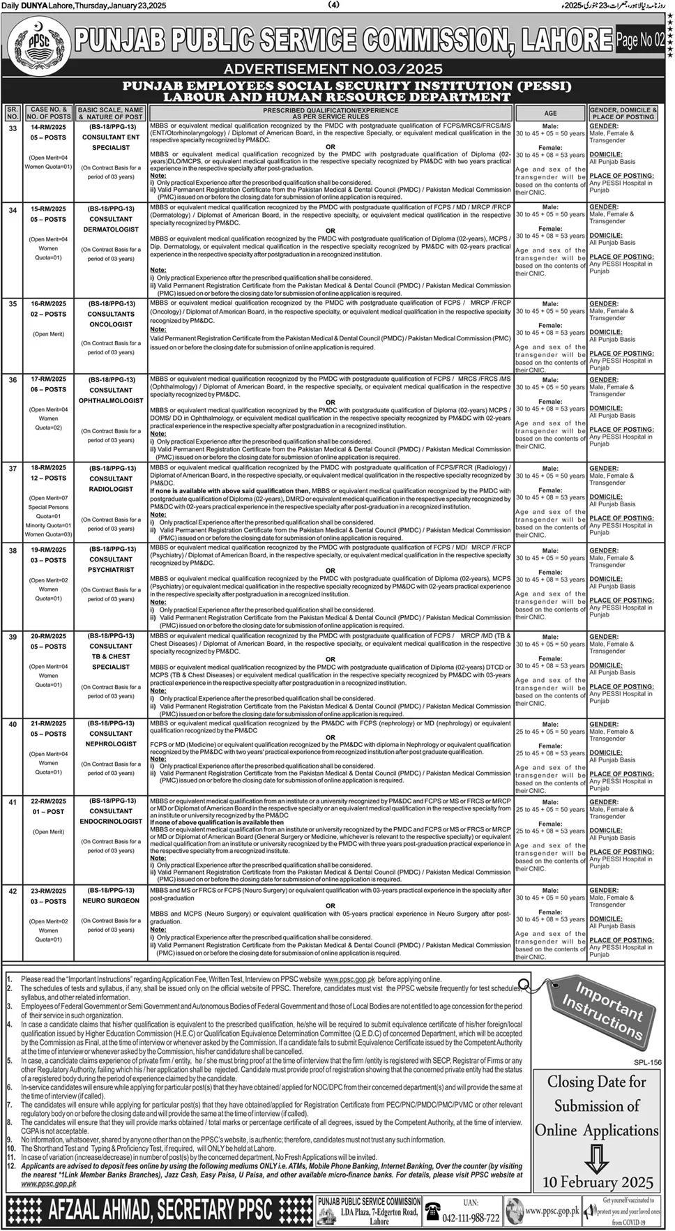 PESSI Jobs 2025 Punjab