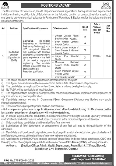 Bio Medical Engineers BPS-17 Vacancies 2025