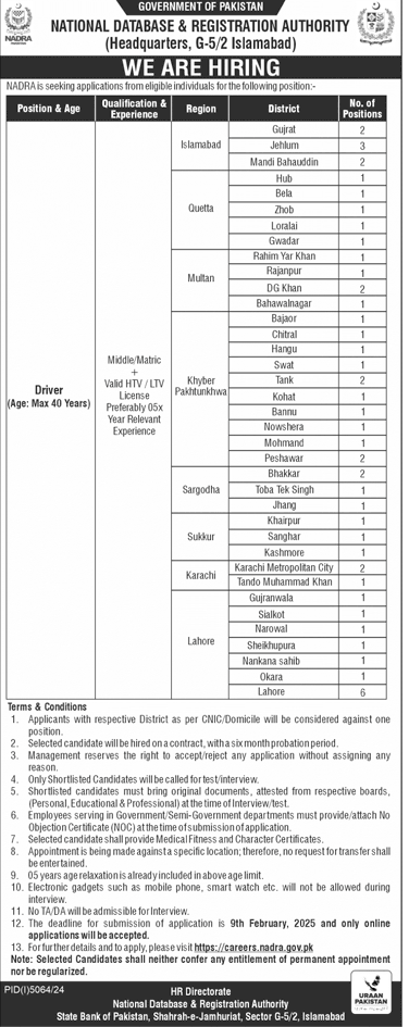 Drivers Vacancies in NADRA 2025