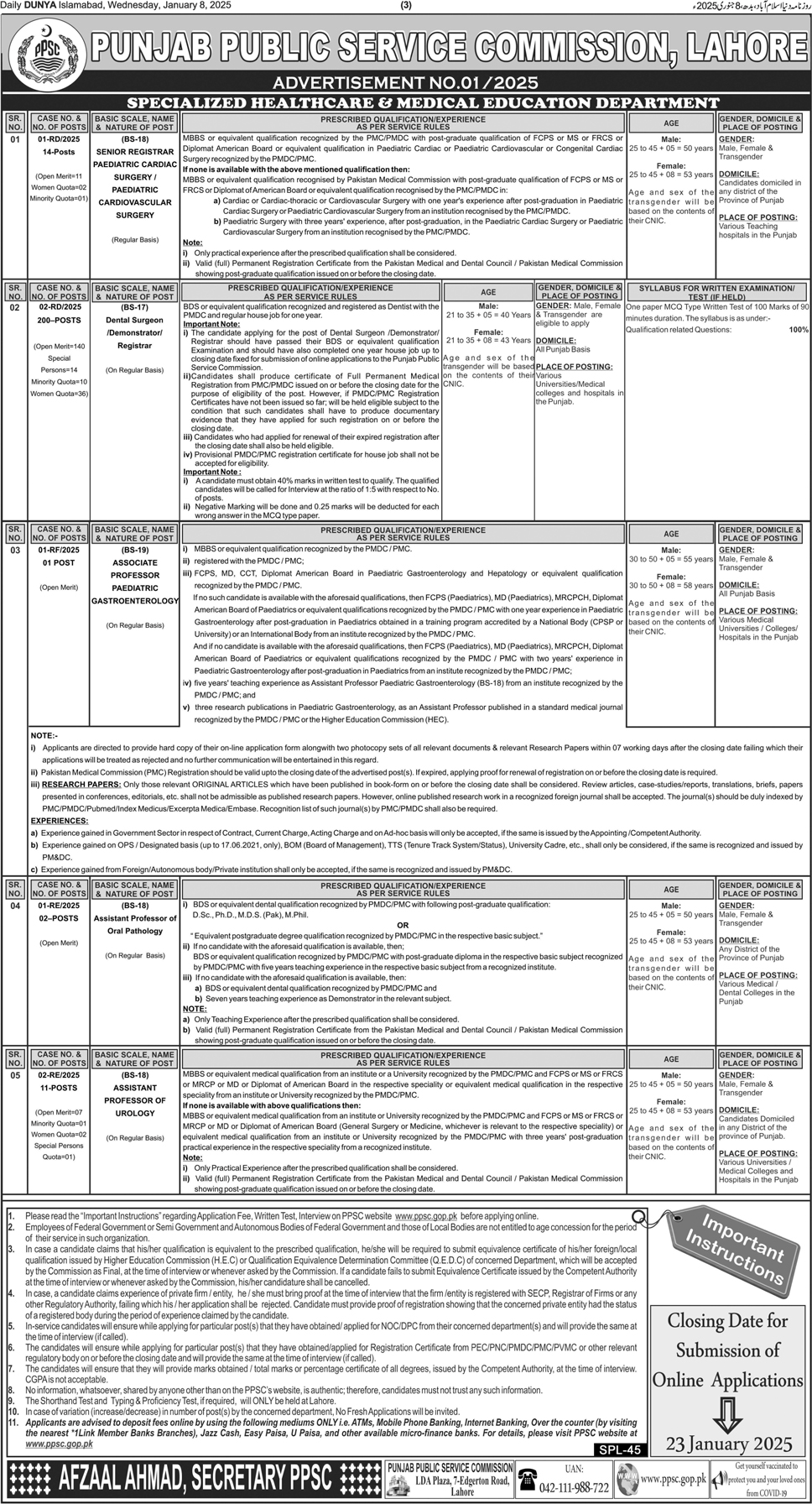 Health Department Punjab Regular Vacancies 2025 through PPSC