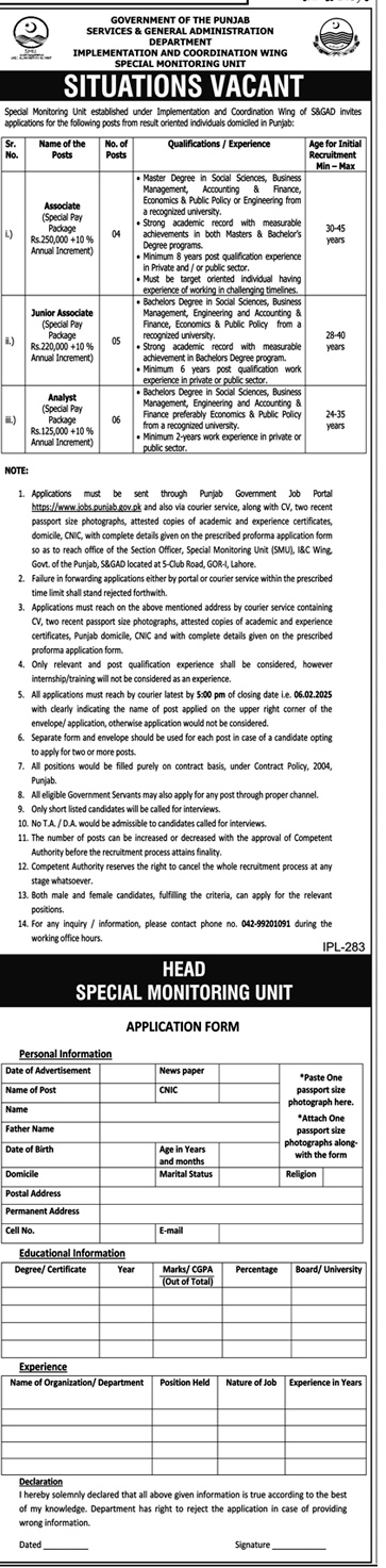 Lump Sum Pay Package Vacancies in Punjab S&GAD 2025