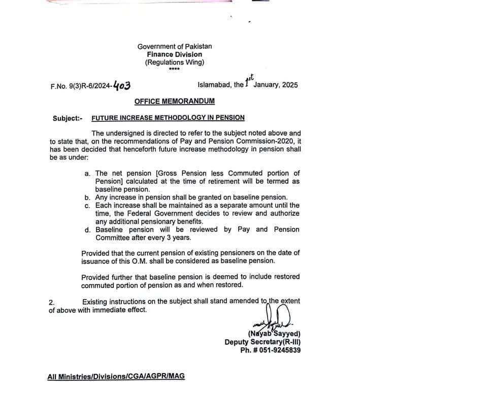 Notification Future increase Methodology in Pension Federal Govt Pensioners