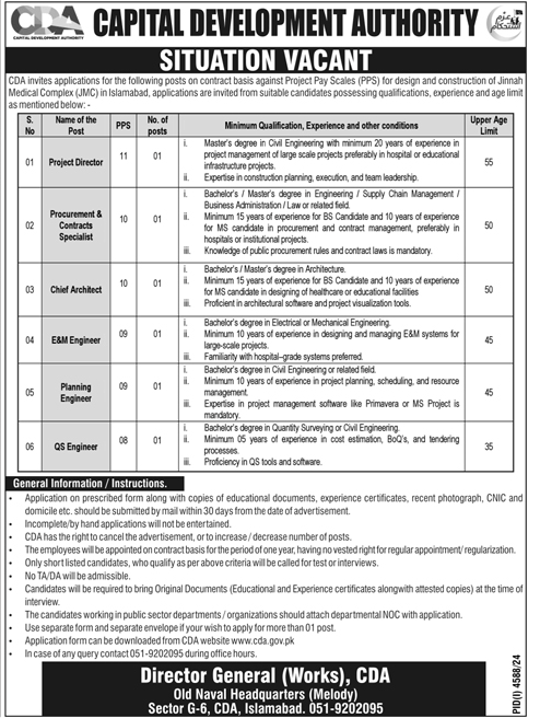 PPS-08 to PPS-11 Contractual Vacancies in CDA Islamabad 2025