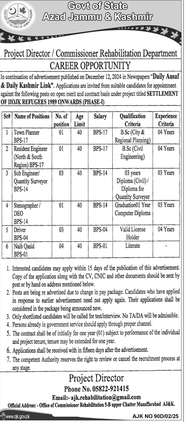 Jobs in Azad Jammu & Kashmir Project Director / Commissioner Rehabilitation Department 2025