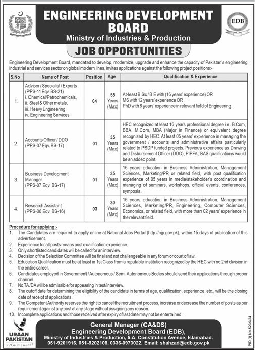 Engineering Development Board
Ministry of Industries & Production
