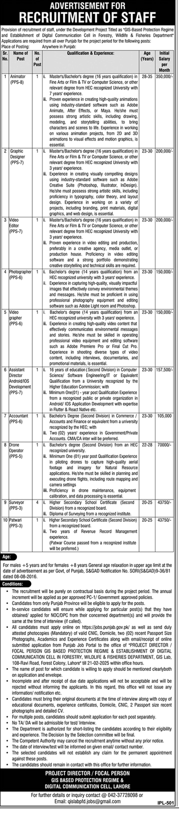 PPS-03 to PPS-08 Vacancies in Forestry, Fisheries and Wildlife Department Punjab