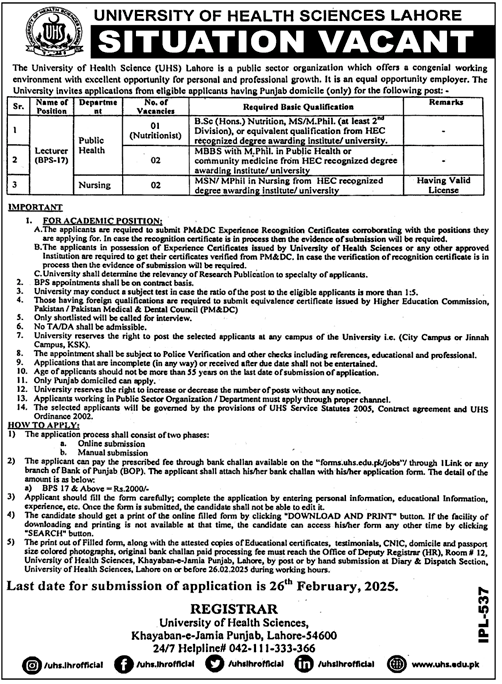 The Latest Lecturer Vacancies in the University of Health Sciences Lahore 2025