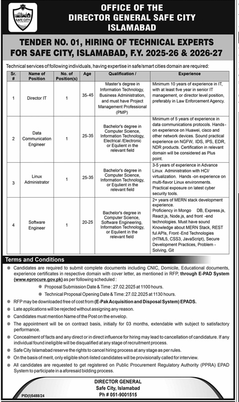 New Vacancies of Technical Experts in Safe City Islamabad