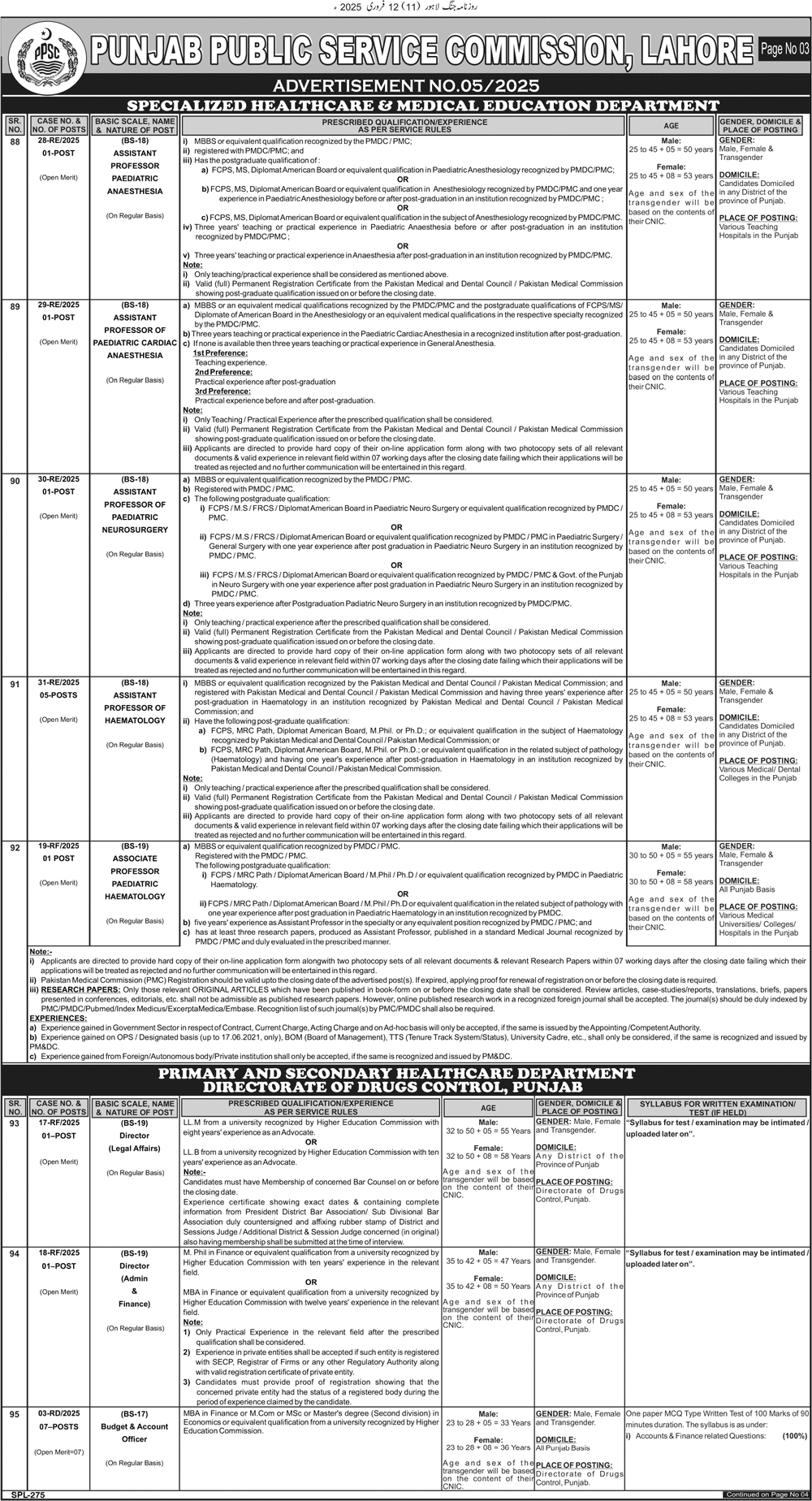 PPSC Vacancies in Health Department Punjab 