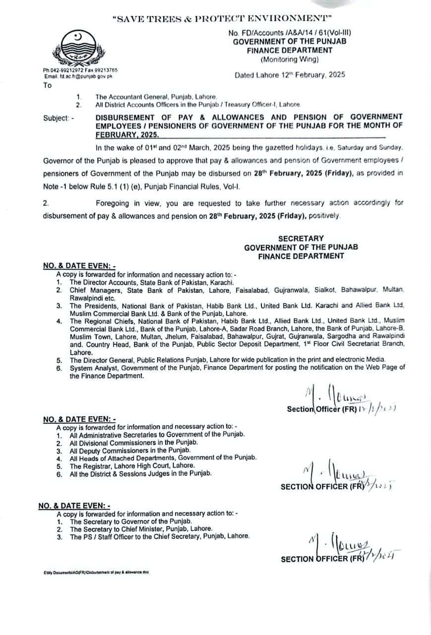 Disbursement of Pay & Allowances and Pension of Government Employees / Pensioners of Government of the Punjab for the Month of February, 2025.